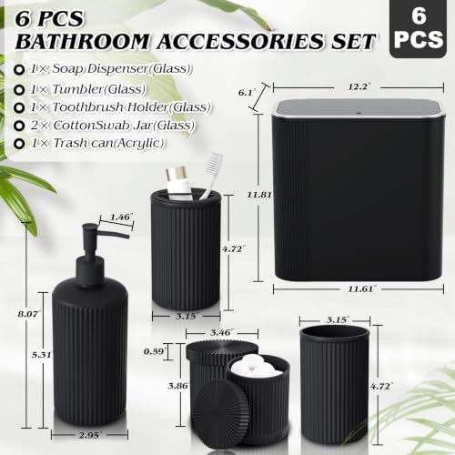 Black Bathroom Accessories Set, 3.5 Gal Trash Can with Press-Top Lid, Glass Bathroom Set, Soap Dispenser, Toothbrush Holder, Tumbler, Qtip Holders, Vintage Bathroom Sink Set Cute Bathroom Decor - Image 2