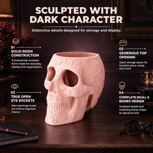 Skull Makeup Brush Holder, Pen Holder, Vanity, Desk, Office Organizer, Stationary, Decor Planter, Candy Bowl, Goth Decorations, Extra Large, Skulls Gothic Skull & Bones Organizer Bathroom (Cloud Pink) - Image 5