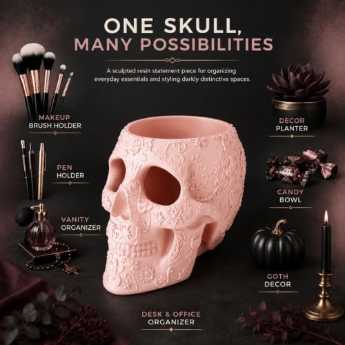 Skull Makeup Brush Holder, Pen Holder, Vanity, Desk, Office Organizer, Stationary, Decor Planter, Candy Bowl, Goth Decorations, Extra Large, Skulls Gothic Skull & Bones Organizer Bathroom (Cloud Pink) - Image 3