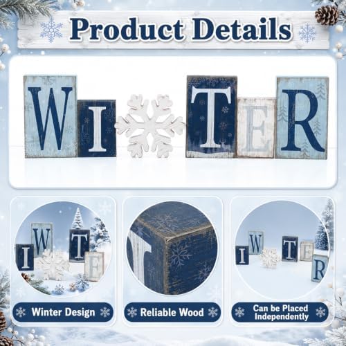 Threehoney 6 Piece Winter Wood Block Decor, Blue and White Winter Letter Sign with Snowflake, Rustic Wooden Tabletop Decorations for Shelf Mantel Tiered Tray Home Decor - Image 2