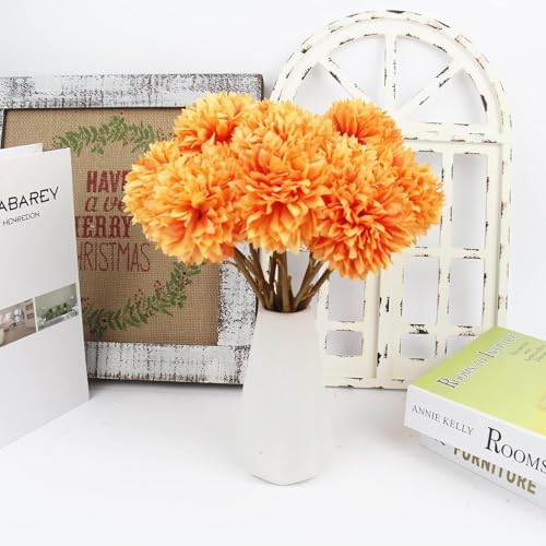 Tinsow Artificial Flowers Faux Ball Chrysanthemum Bouquet Flowers Bridal Wedding Bouquet for Home Garden Party Wedding Decoration (12, Black, Red, Orange) - Image 4