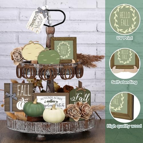 Reallnaive 18 Pcs Fall Tiered Tray Decor, Sage Green Pumpkin Signs - Image 4