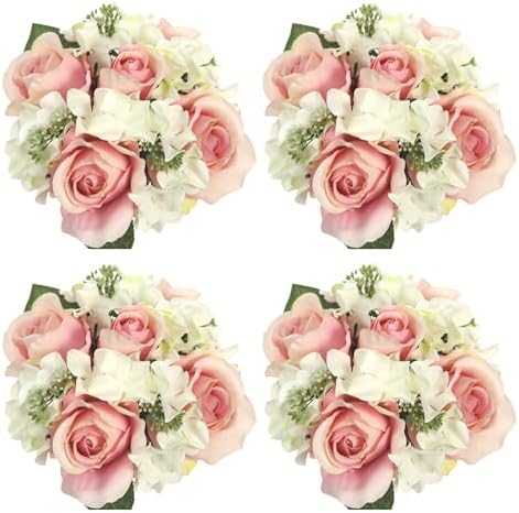Admired by Nature 4 pcs 9 Stems Faux Hydrangea Rosa Flower Bouquet, Fake Flowers for Bride Bridesmaid, Centerpieces Artificial Flower Arrangement Home Décor, Cemetery Decorations for Grave, Blush by AdmiredbyNature