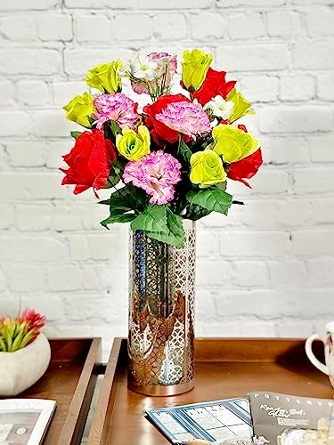 Admired by Nature 2 pcs 24 Stem Artificial Flowers Roses Carnation Mixed Bush Spring Faux Flower Indoor Wedding Home Decor, Cemetery Decorations for Grave, Red, Kiwi, Lavender - Image 5