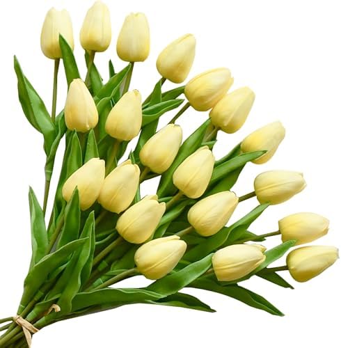 ONLY ART Artificial Light Yellow Tulips 20 Pcs – 13.5 Inch PU Faux Flowers with Bendable Stems for Home Décor, Wedding Centerpieces, DIY Floral Arrangements, New Year and Valentine's Day by ONLYART