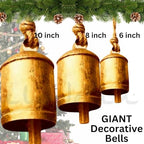Giant Decorative Cow Bells Set of 3 Huge Christmas Bells for Decoration - XL Vintage Harmony Cowbells Rustic on Jute Rope Hanging Gold Tibetan Lucky Charm (6"-8"-10") - Image 2