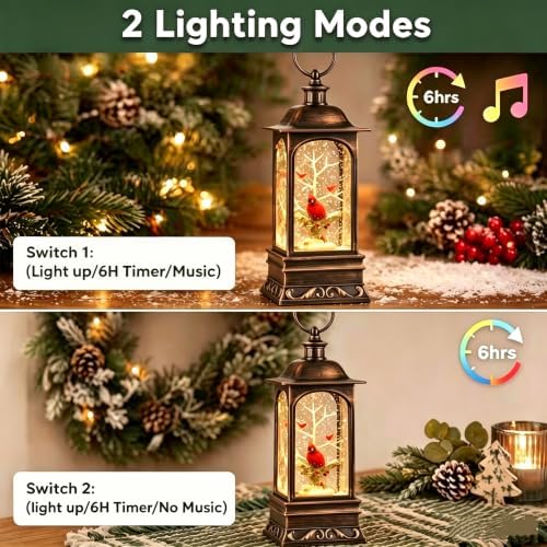 10.6 Inch Musical Cardinal Snow Globe Lantern, Lighted Christmas Snow Globe with Swirling Glitter Sequins, USB & Battery‑Operated, Festive Home Christmas Decoration for Tabletop Mantel Decor - Image 7