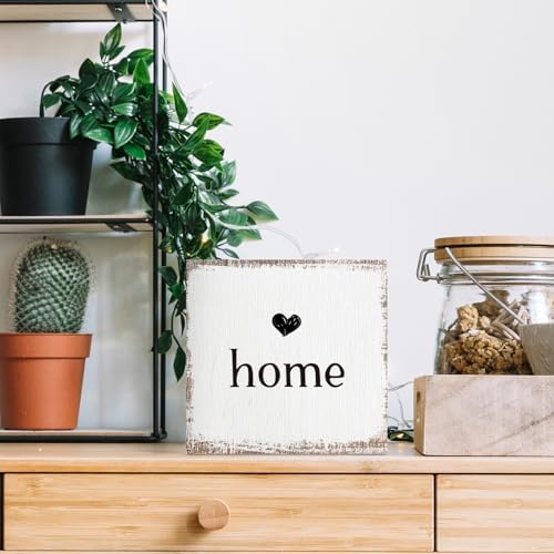 Home Sign, Home Signs for House Decor, Welcome Sign, Rustic Farmhouse Desk Decor Wood Block Box Plaque for Living Bedroom Room Wall Shelf, Housewarming Gifts, 8x8inch - Image 2