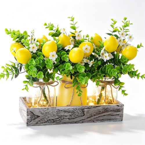 Summer Lemon Mason Jar Centerpiece Set of 3 with Wood Tray by LUEUR