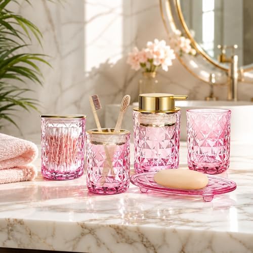 5 Piece Glass Bathroom Accessories Set, Pink & Gold Vanity Countertop Set - Image 6