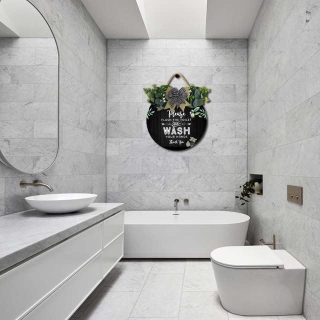 Bathroom Decor,Please Flush The Toilet and Wash Your Hands Thank You Sign,Rustic Round Wooden Wreath Sign,Bath Toilet Decoration for All The Seasons - Image 6