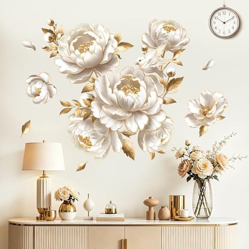 decalmile 3D White Gold Flower Peony Floral Sofa Wall Decals Stickers - Image 2