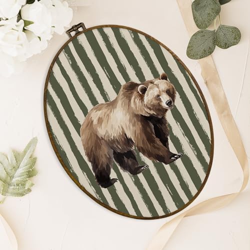 dvhdajed Vintage Brown Bear Oval Wall Art Decor, Sage Green Striped Baby Boy Room Framed Canvas Art, Farmhouse Rustic Bear Wall Hanging Decor for Boys Nursery, Farm Animal Decorations, 8.7x11.3 Inch - Image 4