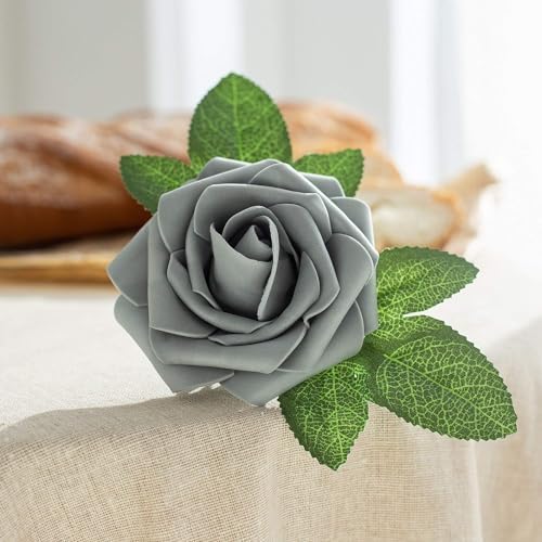 Artificial Flower Foam Rose 25pcs Real Looking Fake Rose with Stems Leaves for Home Decoration Party Garden Centerpieces DIY Wedding Bouquets（Grey） - Image 3