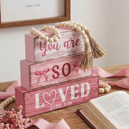 Yuntau 4 Pcs Pink Christian Table Decor Wooden Bow Decor Blocks Sign - Image 2
