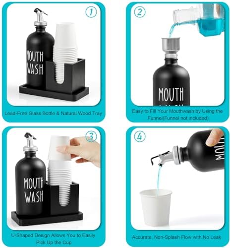 Glass Mouthwash Dispenser for Bathroom, 16 OZ Mouthwash Dispenser with Pour Spout and Wood Cup Holder and Tray, Mouth Wash Bottle Container, Black Kitchen Bathroom Decor and Accessories - Image 4