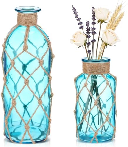 Chuangdi Set of 2 Coastal Glass Flower Vase with Boho Rope, Aqua Blue by Chuangdi