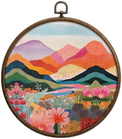 Mountain Boho Wall Decor, Colorful Round Artwork for Wall, Abstract Colorful Office Decor, Round Boho Home Decoration, Circular Hanging Art with Hooks for Living Room Bedroom Kitchen Dorm Decoration, by Unknown