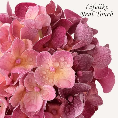 JINWOE Magenta Pink Hydrangea Artificial Flowers, 4Pcs 21” Latex Real Touch Flowers, Full Faux Silk Flowers Fake Artificial Hydrangeas with Stems for Bouquet Table Centerpieces Wedding Baby Showers - Image 4