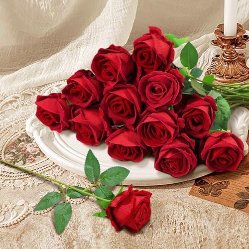 22 Pcs Artificial Red Roses with Stems - Realistic Velvet Faux Flowers Bulk, Fake Roses for Wedding Centerpieces & Home Decor(Red) - Image 2