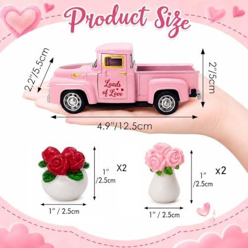 Valentine's Day Pink Truck Decor with 4 Mini Rose Flower Pots, Vintage Metal Pickup Tabletop Decoration, Romantic Farmhouse Centerpiece Gift for Women, Wife, Mom, Girlfriend, Anniversary Wedding - Image 3