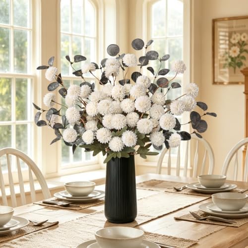 12 Pcs Realistic Fall Flowers Fake Mums with Vase, Full Silk Pompon Bulk - Image 4