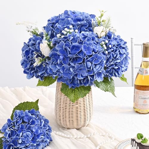 3 Pcs Real Touch Hydrangea Artificial Flowers, 21" Fake Flowers, Dark Blue - Image 6