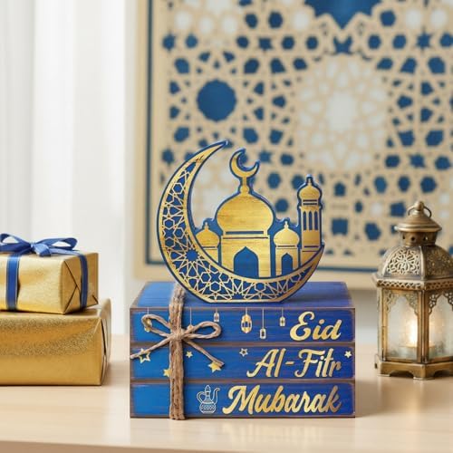 Geelin 4 Pcs Eid Mubarak Table Decoration Wooden Book Stack Signs - Image 2