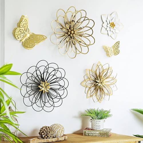 Remenna Metal Flowers Wall Decor, Metal Rustic Wall Art Decoration Farmhouse Wall Decorations Multiple Floral Hanging Decor for Bathroom Living Room Home Office Garden Kitchen 13inch (Rustic Gold) - Image 2