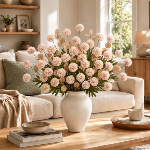 12Pcs Beige Faux Silk Mums Artificial Flowers Bulk with Eucalyptus Stems - Image 6