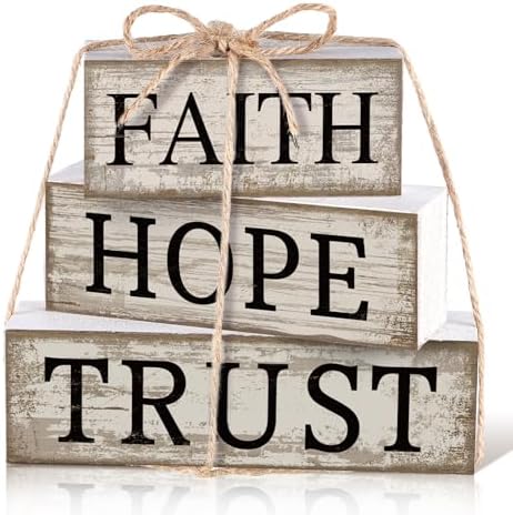 CroBlissful 4 Pcs Farmhouse Wooden Table Decor Christian Tiered Tray Decorations Rustic Religious Gift Block Sign Faith Hope Trust Table Centerpiece for Home Kitchen Living Room Shelf Mantle by CroBlissful