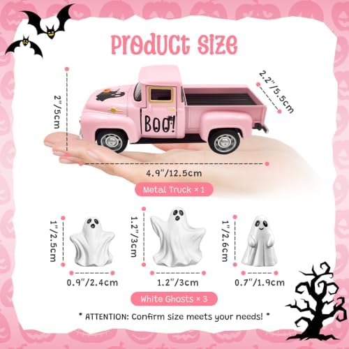 Pink Halloween Ghost Decor Vintage Metal Truck with 3 Mini Ghost Figurines - Image 2