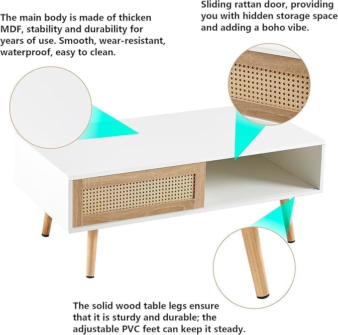 Boho Coffee Table for Living Room, 41.3" Rattan Coffee Table - Image 3