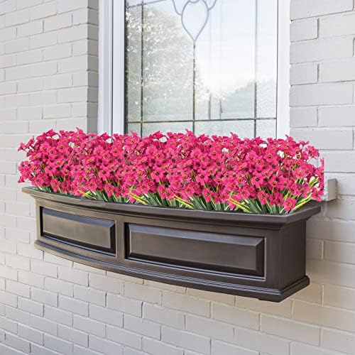 Outdoor Artificial Fake Flowers Plants - 24 Bundles Outside Artificial Violet Plastic Faux Flowers Outdoor Shrubs for Indoor Outdoor Decor (Rose Red) - Image 3
