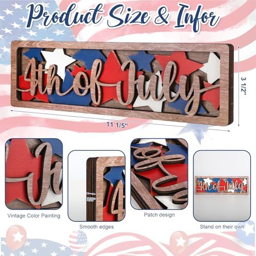 COCHIE Vintage 4th of July Decorations for Office, Home, Table, Mantel, Shelf, Desk, 4 x 11 Inch USA Flag Star Sign, Wooden Fourth of July Decor, Farmhouse Red Blue White Patriotic Centerpiece (Star) - Image 2