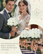 Coferset 10 Pcs Fake Silk Roses with Long Stems,White - Image 4