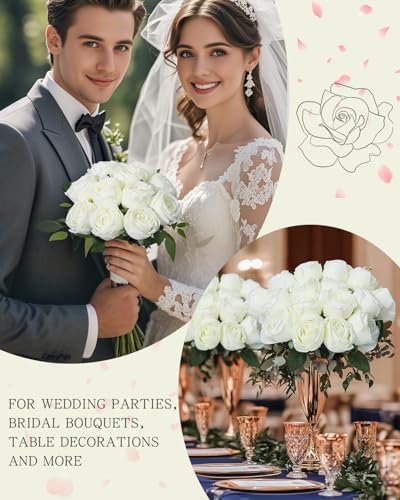 Coferset 10 Pcs Fake Silk Roses with Long Stems,White - Image 4