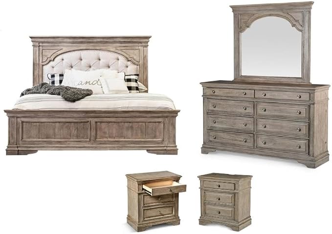 Pemberly Row Solid Wood Queen Panel Bed, Driftwood Gray Finish, Upholstered by PEMBERLYROW