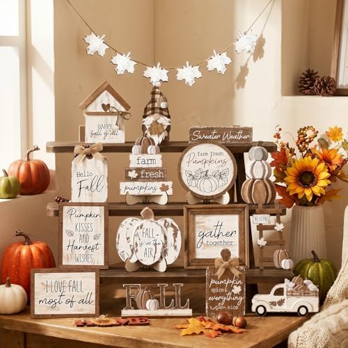 Maitys 21 Pcs Fall Tiered Tray Decor Set, Rustic Farmhouse Thanksgiving Whitewashed Wooden Signs Gnome Truck Pumpkin Wood Bead Garland Vintage Table Centerpieces Autumn Harvest Home Kitchen Decor - Image 5