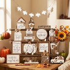 Maitys 21 Pcs Fall Tiered Tray Decor Set, Rustic Farmhouse Thanksgiving Whitewashed Wooden Signs Gnome Truck Pumpkin Wood Bead Garland Vintage Table Centerpieces Autumn Harvest Home Kitchen Decor - Image 5