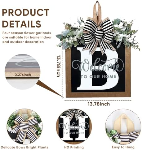 Ultra Large 14'' Last Name All Year Round Front Door Wreath with 26 Initial Letter Welcome Sign All Seasons Eucalyptus Garland and Bow Wreaths for Front Door Porch Farmhouse Decoration (B) - Image 4
