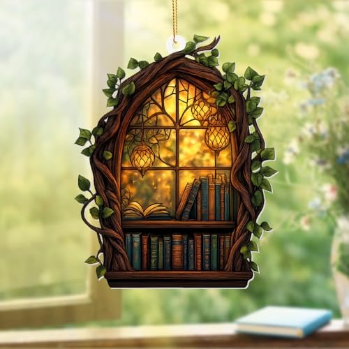 Gothic Window Book Ornament – Stained Glass Style Acrylic Christmas Ornament with Books & Ivy, Fantasy Home Décor, Book Lover Gifts for Women, Teacher & Librarian Holiday Decoration(Sun-19) by ALADAYQUINQUITMeetallneeds