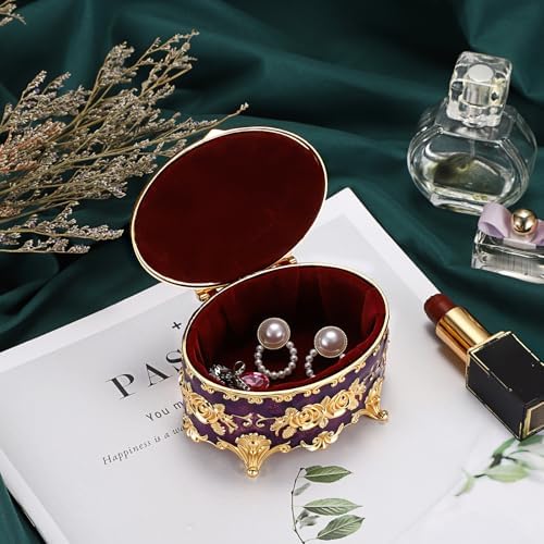 Hipiwe Vintage Oval Jewelry Storage Box Metal Trinket Organizer Purple - Image 2
