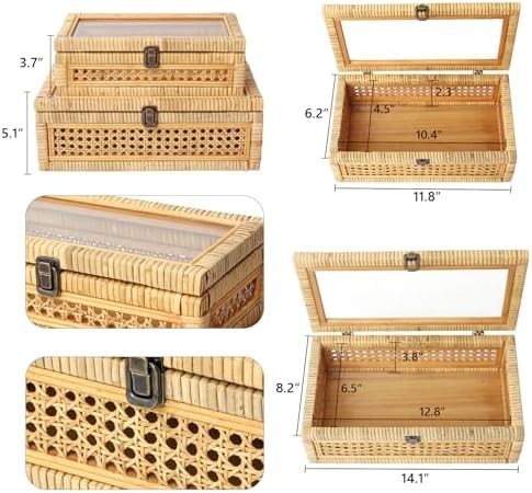 DECOR4SEASON Rattan and Cane Stacking Boxes with Glass Top Lid - Set of 2 for Boho, and Rustic Farmhouse Decor - Image 3