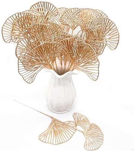Artificial Gold Ginkgo Stems 14 Inch Apricot Leaves 12 Pack, Fake Golden Plant Leaf Glitter Picks Bushes Faux Flowers Branch Decor for Indoor Outdoor Home Garden Vase Wedding Xmas Christmas Decoration - Image 2
