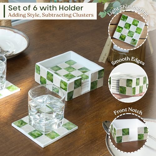 CHI AN HOME 4" Capiz Checkered Coasters Set 6 with Holder, Pistachio Green - Image 4