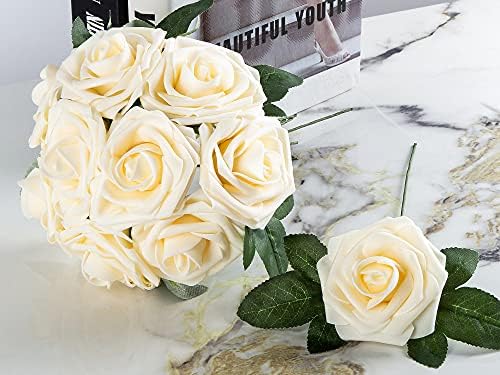 Artificial Flower Foam Rose 25pcs Real Looking Fake Rose with Stems Leaves for Home Decoration Party Garden Centerpieces DIY Wedding Bouquets（Champagne） - Image 6