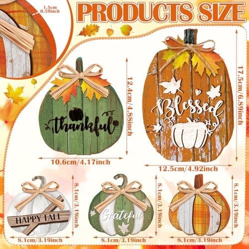 5 Pcs Fall Pumpkin Decor for Home Green Pumpkin Wooden Table Centerpiece - Image 2