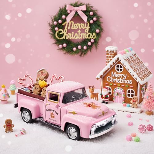 Pink Gingerbread Christmas Decor Metal Truck with Mini Candy Cookie Box by Teeloray