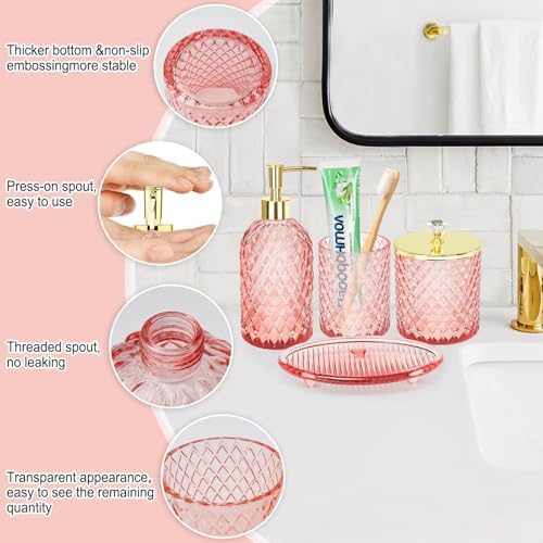 Haturi Glass Bathroom Accessories Set, Light Pink Bathroom Set, 4 Pcs - Image 5